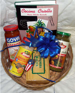  Puerto Rico Gift Basket with a Hard Cover Cocina Criolla Book, Sofrito goya, Adobo Bohio, Recaito Criollo Bohio, Tostonera de Tostones Rellenos and a Key Chain